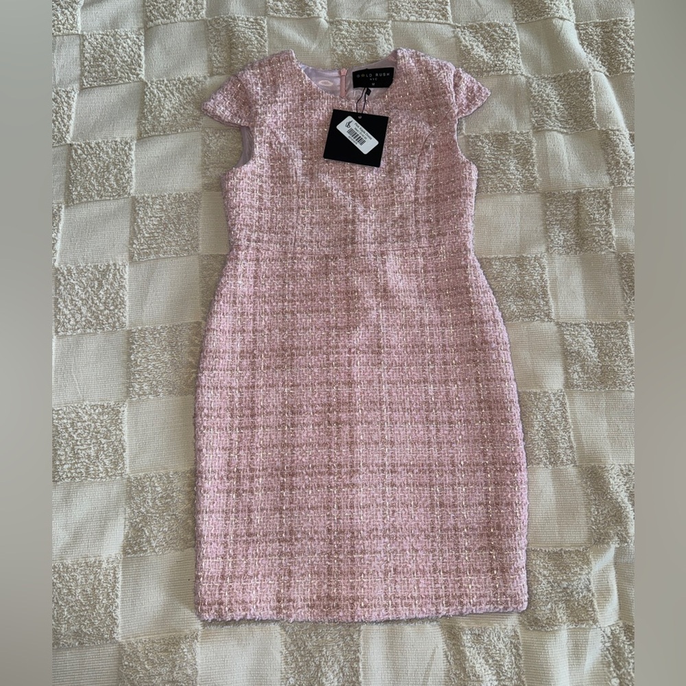 Girls Pink Tweed Cap-Sleeve Dress